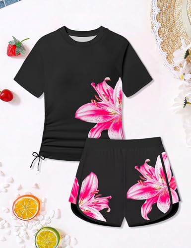Image of AGAPENG Girls Swimsuit Two Piece Short Sleeve Rash Guard Floral Print Ruched Girls Bathing Suit UPF 50+ Swimwear for 9-16Y