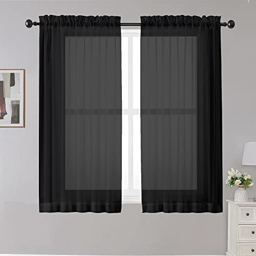 Image of OWENIE Black Sheer Curtains, 45 inch Long Light Filtering Tiers for Kitchen, Basement, Bedroom - 2 Panels, Cafe Curtains for Small Windows, 42 inch W x 45 inch L