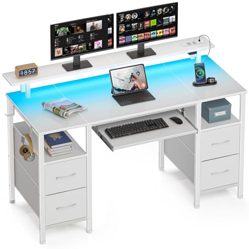 Rolanstar Schreibtisch mit Schubladen, 120x47cm Gaming Tisch mit Steckdose, LED & Monitorständer, Computertisch mit Tastaturablage, Gaming Schreibtisch für Home Office, Büro, Wohnzimmer, weiß