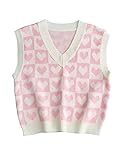 SAFRISIOR Women Cute Heart Checker Print Sweater Vest V Neck Color Block Sleeveless Pullover Knit Ta