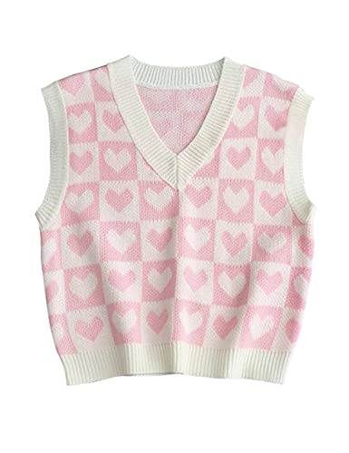 Safrisior Women Cute Heart Checker Print Sweater Vest V Neck Color Block Sleeveless Pullover Knit Tank Top 90S E-Girls Pink #TOP11