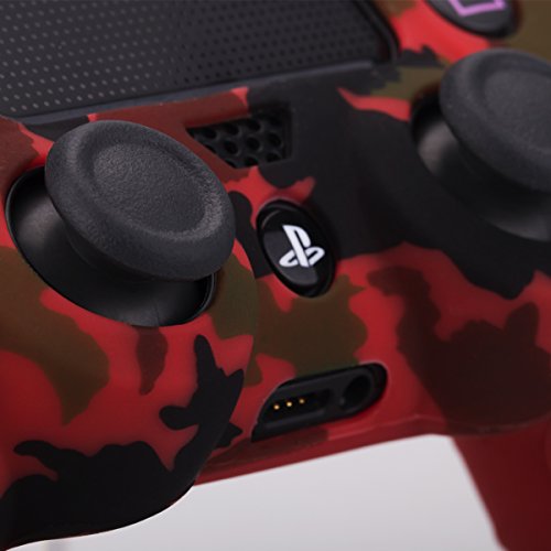 Yorha Water Transfer Printing Camouflage Silicone Cover Skin Case For Sony Ps4/Slim/Pro Dualshock 4 Controller X 1(Red) With Pro Thumb Grips X 8 #TOP4