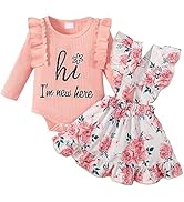 Borlai Newborn Baby Girl Floral Suspender Skirt Outfits Long Sleeve Ruffle Romper Dress Clothes Set