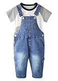 CHUMHEY Little Boys 2 Piece Outfits, Graphic Bear Printed Cotton Summer T-shirt Denim Overalls, White&Blue, 6