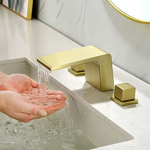 Shamanda Waterfall Bathroom Faucet 3 Hole, 2 Square Handle Widespread Rv Lavatory Sink Faucet With Cupc Water Supply Lines, Solid Brass, Brushed Gold, Lb401-3 #TOP19