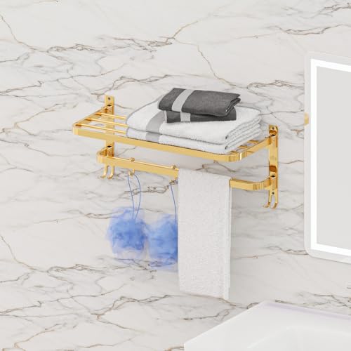 Image of Towel Rack for Bathroom, Shelf for Wall with Towel Hooks, Towel Rack, Kitchen Accessories Items Wall Mounted for Heavy-Duty Elegance(Gold, 24 Inch)