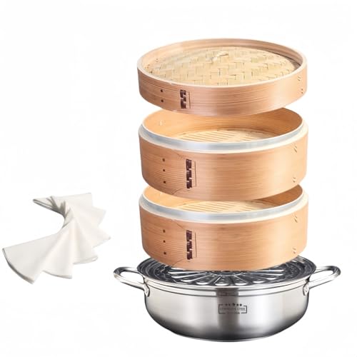 蒸し器・せいろ 中華蒸篭 天然竹製 多用途 IH対応 鍋つき蒸篭2段(本体2個蓋1個)セット 業務用 せいろ蒸し器 餃子 饅頭 点心 中華料理専用 シ蒸器 満菜 深型 兼用鍋 調理器具 (3段, 26cm) (32 cmスープ鍋 +30 cm木製蒸し器、2