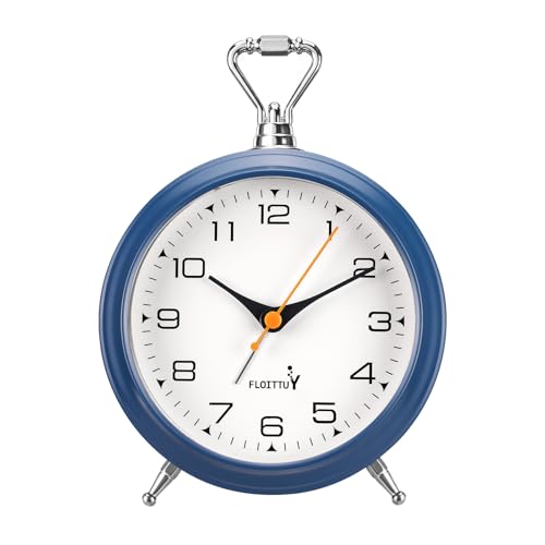 FLOITTUY 4.5" Battery Operated Antique Retro Analog Metal Alarm Clock, Silent Bedside Desk Clock, Wall-Hanging Vintage Clock(Navy Blue)