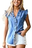 Women's Denim Top Casual Button Down Ruffle Cap Sleeve Tank Blouse Tops V Neck Sleeveless Jean Shirt(Blue01, S)