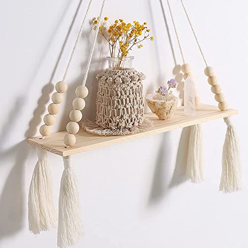 Artilady 2 Pack Wooden Wall Hanging Shelves - Macrame Hanging Plant Shelf With Tassel,Boho Storage Floating Shelves Handmade Rustic Hanger Planter Rack Pot Stand Holder (2 Tassel) #TOP2