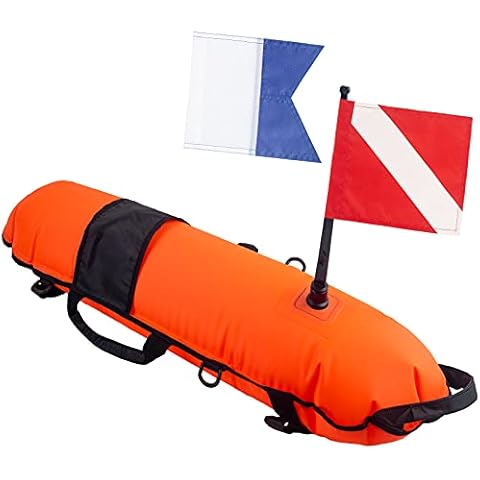 Pluzluce Inflation Torpedo Buoy, High Visibility Diver Down Safety Surface Marker Buoy Signal Float with 2 Dive Flag, Diver Down Flag + Alpha Flag for Underwater Scuba Diving Spearfishing Orange Cover