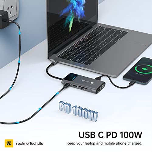 Image of Novoo By Realme Techlife 9in1 USB C with 4K @30Hz HDMI & VGA & 3USB 3.0 & SD /TF Slot & 100 /1000M Ethernet & USB-C PD100W & USB 2.0, for 2016-20 MacBook Pro, Samsung S8,S9,S10,Huawei Mate and USB C Laptop and SmartphoneB (NBR-9IN-1Pro)