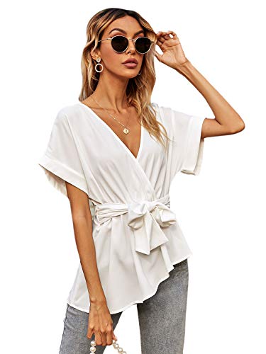 Romwe Women s Batwing Short Sleeve Self Belted Surplice V Neck Ruffle Peplum Blouse White L