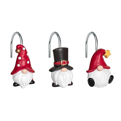 Sunlit Christmas Shower Curtain Hooks, Gnome Shower Curtain Rings, Hand Painted Resin Christmas Decor, Winter Bathroom Decoration, Black Red, Set of 12