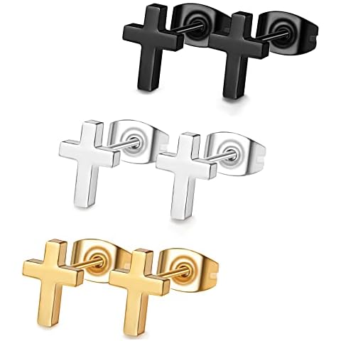 FUNRUN JEWELRY Cross Earrings for Women Men Hypoallergenic Stainless Steel Gold Black Cross Stud Earrings Set,3 Pairs Cover