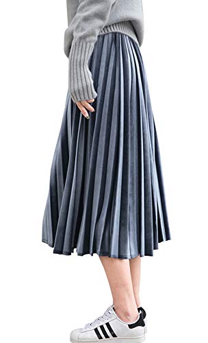 CHARTOU Women's Winter Vintage Elastic Waist Velvet Metallic Accordion Pleated Midi Skirt (One Size, Blue)