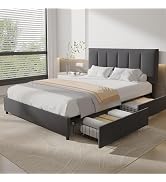 VECELO Upholstered Bed 140 x 200 cm Double Bed with 4 Drawers and Height-Adjustable Headboard, Bed