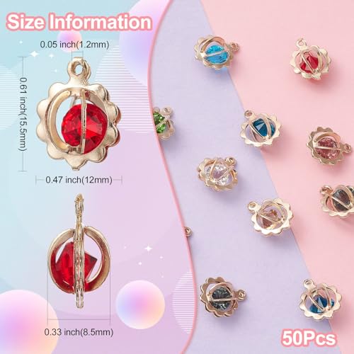 Stiesy 50Pcs Mixed Colour Rhinestones Charms Lantern Small Cages Pendant Charm with Round Faceted Glass Bead Charms for Jewellery Making DIY Bracelet Crafting - Image 2