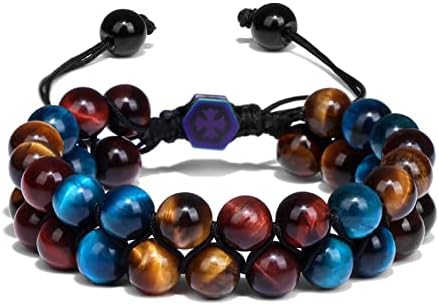 Risyfjew Tiger Eye Beads Bracelet Triple Protection Handmade Bracelets for Men Natural 8mm Tiger Eye Bracelets for Healing, Protection & Balance Gifts for Father's Day