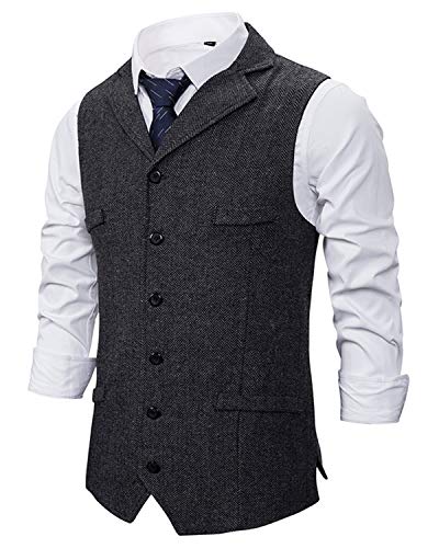 JOLIME Gilet Costume Homme Tweed Vintage Col Tailleur Veste Slim Fit sans Manches Mariage Noir L Cover