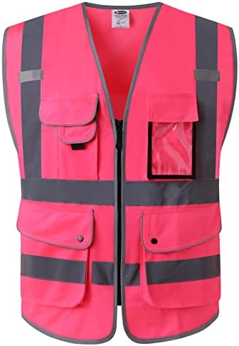 JKSafety 9 Pockets Class 2 High Visibility Zipper Front Safety Vest With Reflective Strips, Meets ANSI/ISEA Standards (X-Large, 150-Pink)