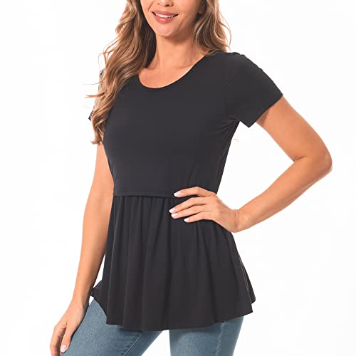 Bearsland Women’s Nursing Top Short Sleeve Scoop Neck Nursing Shirt Breastfeeding Shirt Pregnancy Clothes,Dark,M #TOP2
