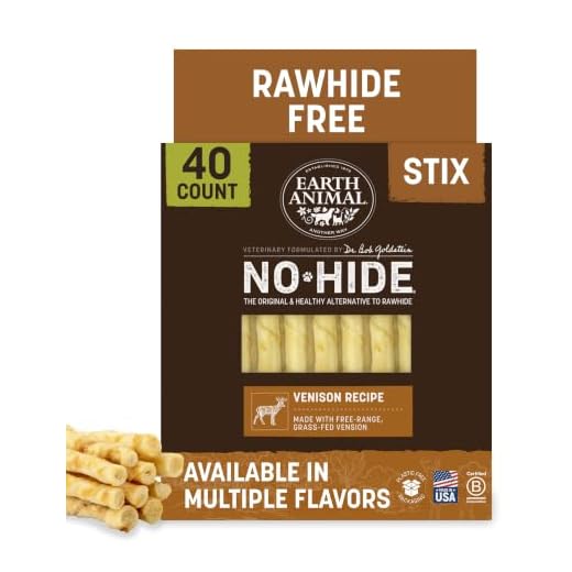 Earth Animal No Hide Stix - Long Lasting Rawhide Free Small Dog Chews Sticks, Venison - 40 Count Extra Value Pack