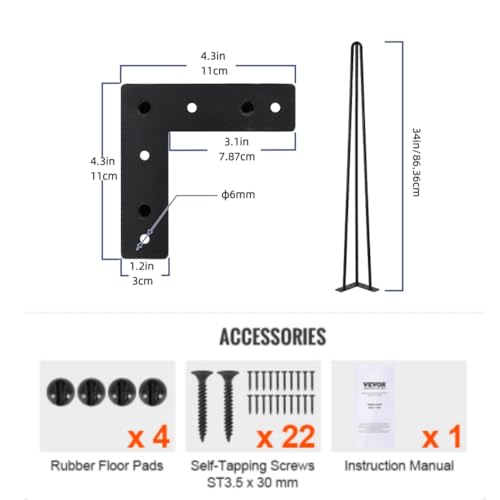 GarveeTech Hairpin Furniture Legs - 34 in Metal Table Legs, Rubber Floor Protectors, for Nightstand, Coffee Table, Desk Black, 4PCS Set - image 3