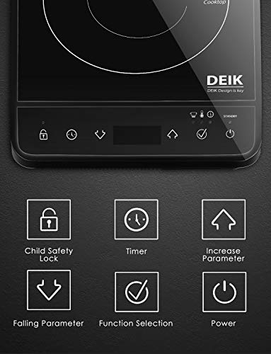 Portable Induction Cooktop, Deik 1800W Full Color Touchscreen Interface Induction Cooker with 10 Temperature & 15 Power Level Settings, Induction Burner with Timer, and Child Safety Lock, Black - Thumbnail 6
