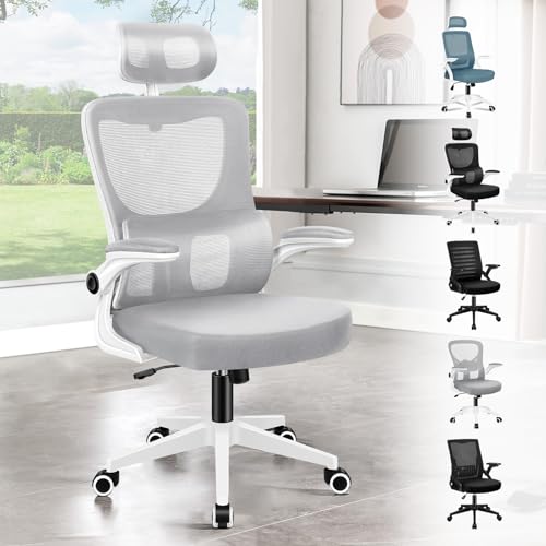 Image of ELFORDSON Ergonomic Office Chair, High Back Computer Chair with Headrest/Dynamic Lumbar Support/Padded Flip-up Armrest, Breathable Mesh Swivel Desk Chairs for Home Office, 120° Rocking, Grey