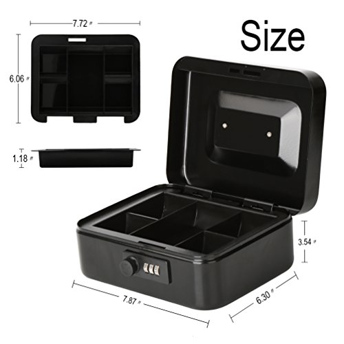 Decaller Cash Box with Combination Lock, Safe Metal Small Locking Box with Money Tray, 7 4/5" x 6 4/5" x 3 3/5", Black, QH2004S - Thumbnail 2
