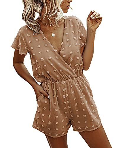 BTFBM Women Fashion Wrap V-Neck Swiss Dot Print Short Sleeve Elastic Waist Plain Summer Pockets Shorts Jumpsuit Romper (Light Brown, Large)