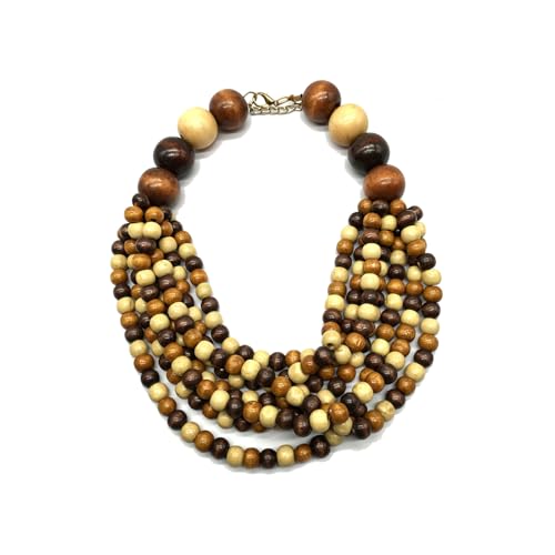 COLORFUL BLING Boho African Wooden Beaded Strands Necklace Ethnic Layered Chunky Collar Choker Wood Necklace for Women Hip Hop Statement Jewelry-Coffee