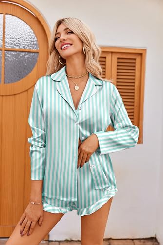 Image of Ekouaer Womens Satin Pajama Sets Long Sleeve Top and Shorts Lounge Set Button Down Sleepwear