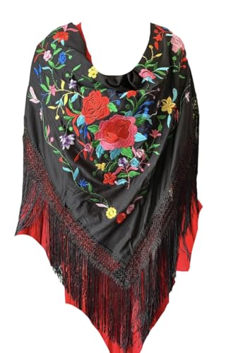 Genérico FLAMENKA ROCIERA Mantón de Flamenca, Mantoncillo Bordado Floral, 150x80cm con Flecos de 24cm, Poliéster
