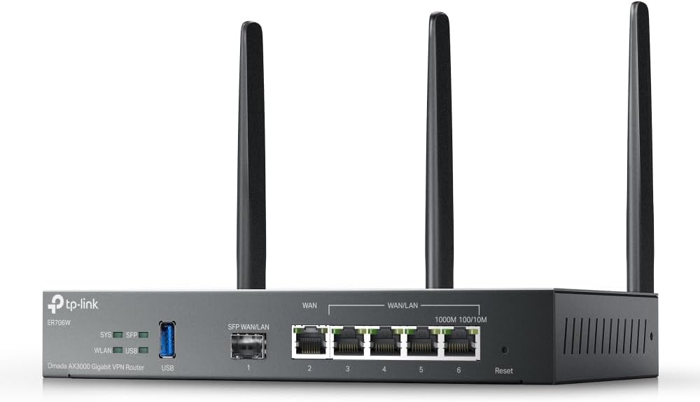 TP-Link ER706W Omada Gigabit AX3000 WiFi 6 VPN Router | 1x USB 3.0 Support USB Storage and LTE Backup with LTE dongle | Supports Omada Mesh | Easy Set-up