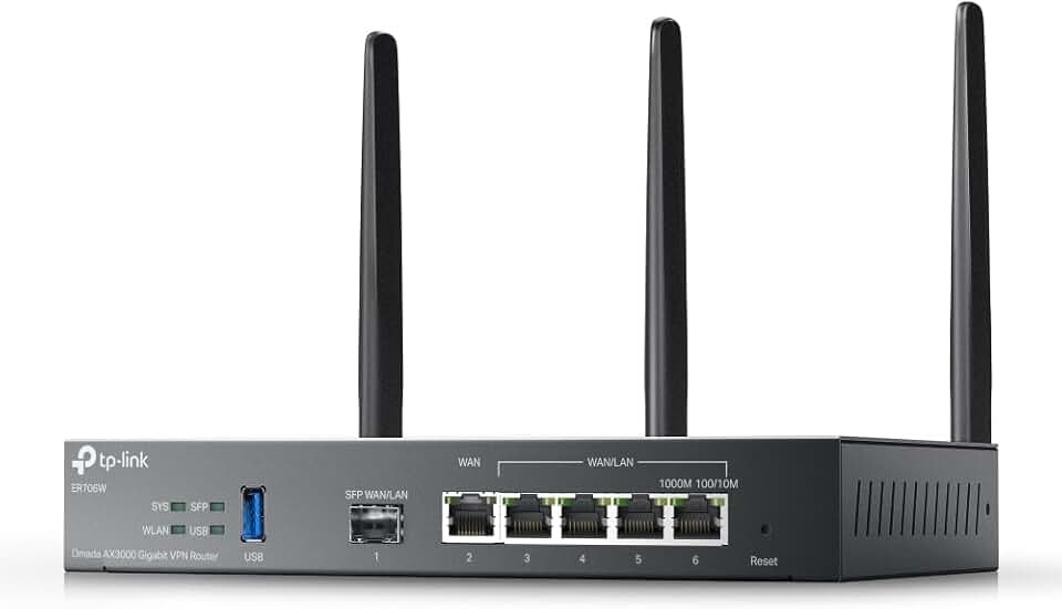 TP-Link ER706W Router VPN sem fios de 6 portas, Omada | AX3000 Dual Band Wi-Fi 6, até 5 portas WAN Gigabit | Suporte de banda larga móvel, Antena desmontável, Omada SDN integrada |