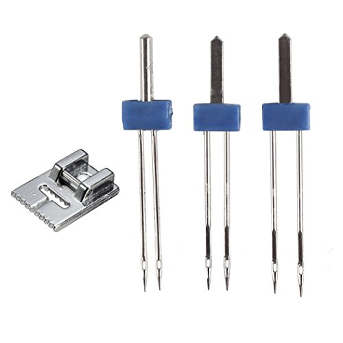 Xiboya textile 3PCS Size 2.0/90 3.0/90 4.0/90 Double Twin Needles Come with 1PC 9 Groove Pintuck Foot for Brother JANOME Singer Sewing Machine Accessories