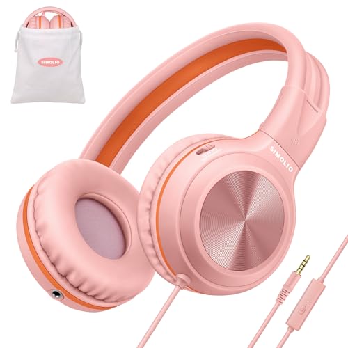 SIMOLIO Casque Filaire pour Filles avec Microphone, 85dB 94dB 104dB Volume Limité Casque Léger Pliable avec Prise de Partage et Sac pour Enfants, étudiant, Smartphone, Ordinateur