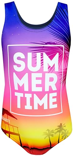 Aquarti Badeanzug Mädchen – Sportlicher Mädchen Badeanzug mit Ringerrücken Print, Farbe: Summer/Time/Gelb, Größe: 116