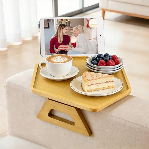 Jolitac Solid Wood Couch Arm Table, Sofa Armrest Table, Foldable Sofa Armrest Tray for Drinks & Snacks, Stable Clip-On Side Desk for Living Room Essentials
