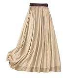Summer Cotton Linen Skirts for Women Trendy A-Line Flowy Long Skirts Lace-Up Elastic Waist Beach Vacation Skirts Khaki