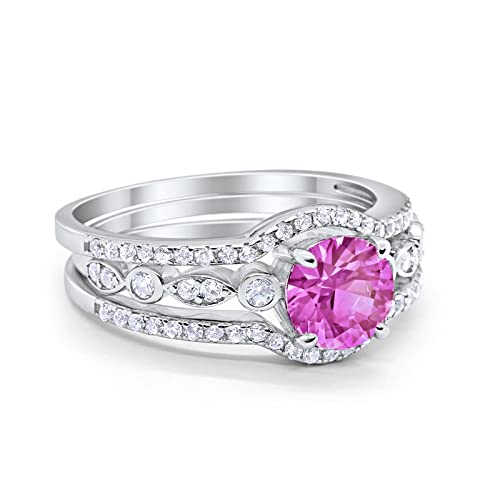 Blue Apple Co. Art Deco Trio Set Three Piece Bridal Set Ring Band Round Cubic Zirconia 925 Sterling Silver Wedding Engagement Promise Ring2