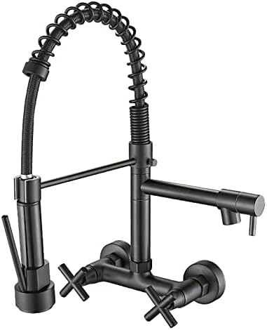 Kitchen Fauce with Pull Down Sprayer Dual Holes Wall Mount Spring Kitchen Sink Faucet 360° Rotation Brass Double Cross Knobs Hot Cold Water Kitchen Mixer Tap,Black