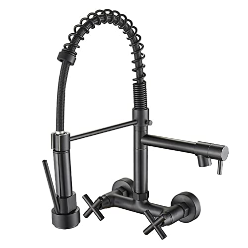 Kitchen Fauce With Pull Down Sprayer Dual Holes Wall Mount Spring Kitchen Sink Faucet 360° Rotation Brass Double Cross Knobs Hot Cold Water Kitchen Mixer Tap,Black #TOP1