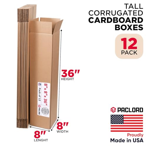 Image of Tall Cardboard Boxes 8 inchL x 8 inchW x 36 inchH (Pack of 12) - USA-Made Packing Boxes for Moving, Shipping, or Storage - USPS, UPS, FedEx Approved - Professional Packing Supplies for Moving