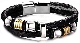 Moneekar Jewels Leather Stainless Steel Bracelet for Boys and Mens (Gold1 8 inches), 8 inches, Leather, no gemstone