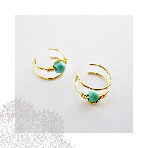 Double Band Helix Set Of Two Ear Cuff Gold Brass Turquoise Cuff Earring Ear Wrap Non Pierced Fake Conch Piercing Clip On #TOP2