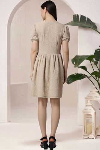 Image of POPWINGS Casual Self Crush Design Solid Knee Length Blouson Peplum Dress for Women || Stylish Summer Dress for Women || Knee-Length Dress for Women || V-Neck Dresses for Women