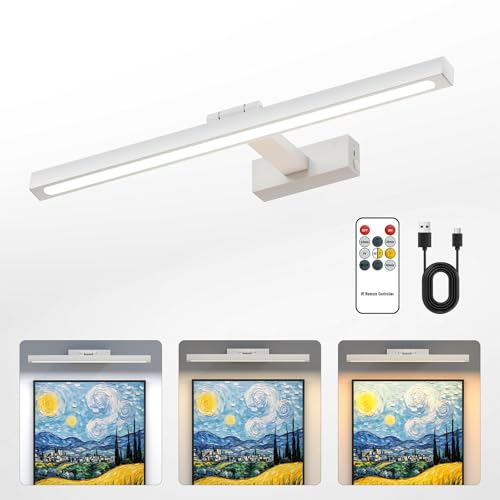 Image of Rechargeable Picture Light,15.74 Inch Battery Operated Wall Mounted Art Lamp with Remote,4000mAh Long Lasting,3 Color Dimmable Timer,270 Adjustable Gallery Poster Light(White)